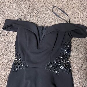 Off-Shoulder Black Evening Dress with Floral Appliqué
